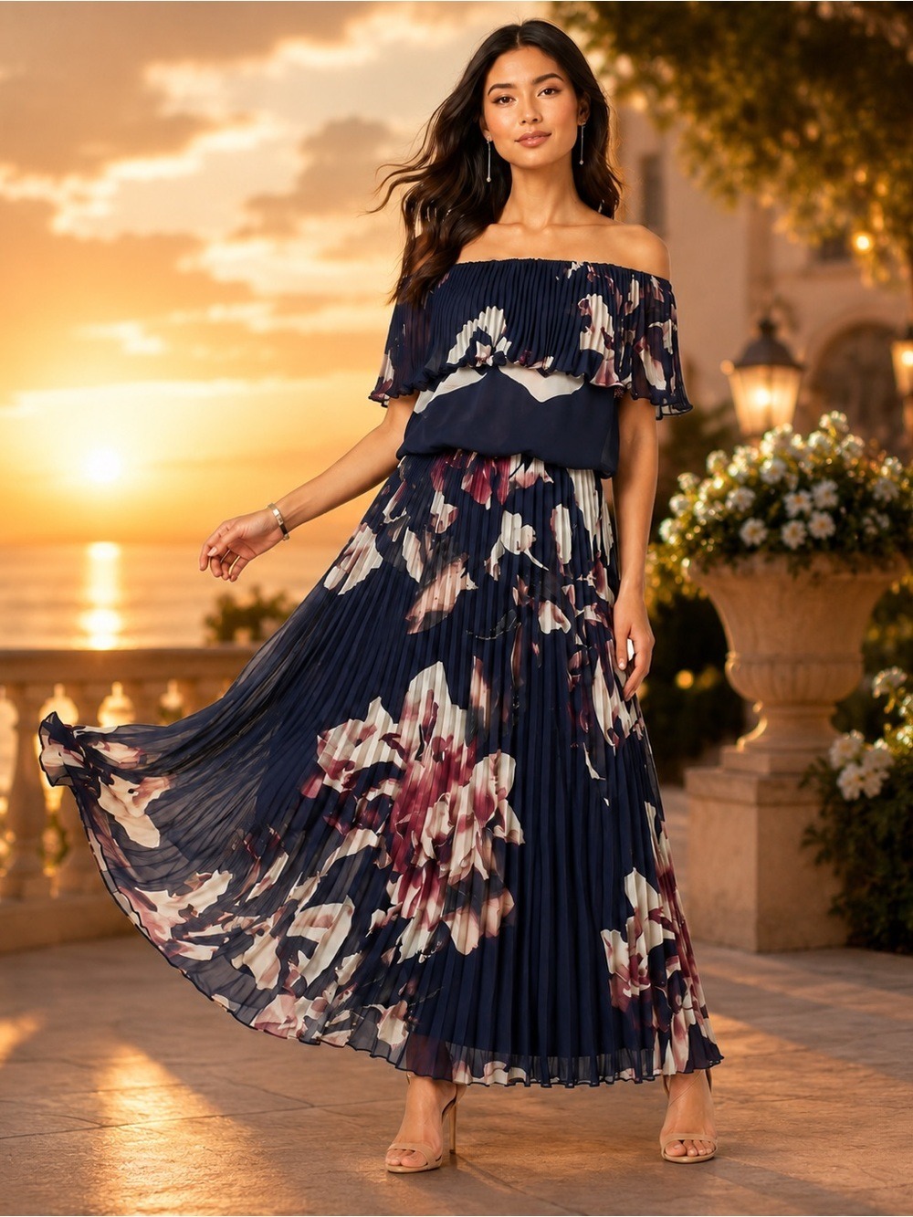 Xscape Size 8 Navy Floral Pleated Off-Shoulder Maxi Dress